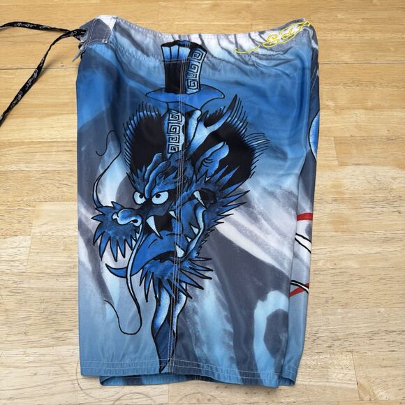 Ed Hardy Alive Christian Audigier Blue Board Shorts Dragon Dagger Swim Trunks 30 - Picture 5 of 15